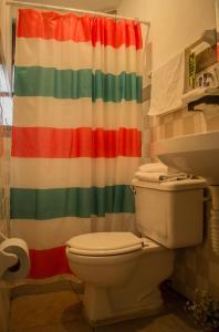baño con aseo y cortina de ducha colorida en Hotel Casa Mia en San Cristóbal de Las Casas