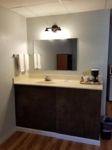 a bathroom counter with a sink and a mirror at Wolds Motel - Mt. Pleasant in Mount Pleasant +57 photos