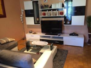 a living room with a couch and a tv at T2 gîte de Laurette avec garage et parking privés in Rodez