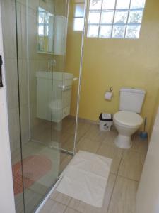 a bathroom with a toilet and a glass shower at Refugio Fofo - casa de temporada in Campos do Jordão