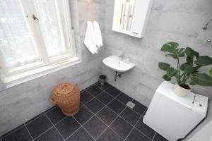 een badkamer met een wastafel, een toilet en een potplant bij Apartment in the top center of old town in Pula