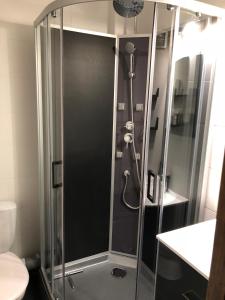 レ・コンタミンヌ・モンジョワにあるLe Bionnassayのバスルーム(ガラスドア付きのシャワー付)