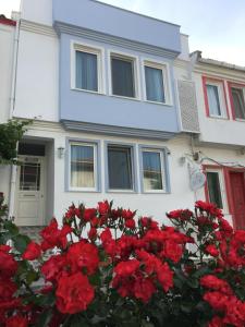 a house with red roses in front of it at Alicante Otel - Adult Only in Bozcaada