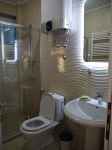 a bathroom with a shower and a toilet and a sink at CrystalSky in Dobra Voda +38 photos