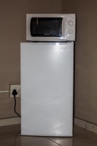 eine Mikrowelle auf einem Kühlschrank in der Unterkunft Upi guesthouse in Otjiwarongo