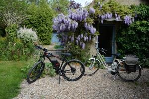 dwa rowery zaparkowane przed domem z fioletowymi kwiatami w obiekcie Le Jardin Sauvage w mieście Maintenay