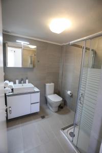 a bathroom with a toilet and a sink and a shower at Skouros Villa in Kastrí