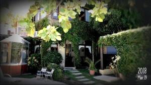 una casa con dos sillas blancas y plantas delante de ella en Posada del Angel, en Colonia del Sacramento