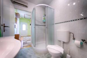 a bathroom with a shower and a toilet and a sink at Apartman Prošperino in Vis +22 photos