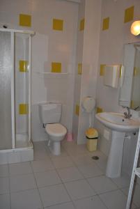 y baño con aseo, lavabo y ducha. en Mussiene House - CPSBM, en São Bartolomeu de Messines