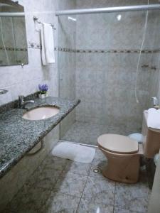 a bathroom with a toilet and a sink and a shower at Hotel Marfim I in Sumaré