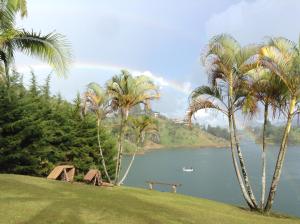 a view of a lake with palm trees and a boat at Casa finca típica the lake hotel in Guatapé