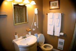 uma casa de banho com um lavatório, um WC e um espelho. em Trinity Suites em Trinity