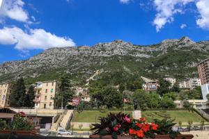 a mountain in the background of a city at Mervin Hotel in Krujë