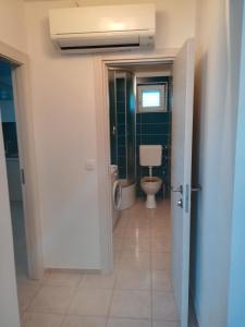 a bathroom with a toilet and a window and a door at Apartments Mestrovic in Lopar