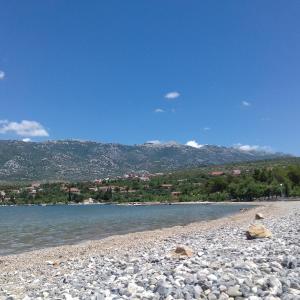 een rotsachtig strand met bergen op de achtergrond bij Apartment Dinko in Rovanjska