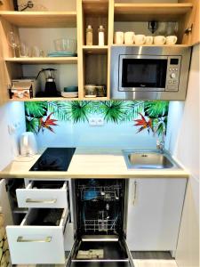 małą kuchnię ze zlewem i kuchenką mikrofalową w obiekcie Apartament Egzotyczny w Toruniu