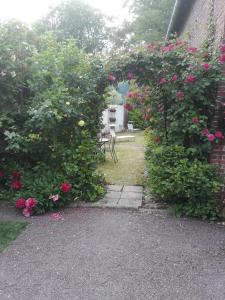 einen Garten mit Rosen und einer Hecke mit Tisch und Stühlen in der Unterkunft Gite au bord du Lac in Montville