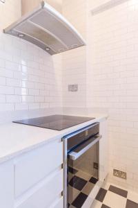 uma cozinha com um lavatório e um fogão forno superior em Chic 1 Bed Studio Flat in Popular Bloomsbury em Londres