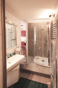 ein Badezimmer mit einer Dusche, einem Waschbecken und einer Badewanne in der Unterkunft Ferienwohnungen „am Schlosspark Tamsweg“ im UNESCO Biosphärenpark Lungau in Tamsweg