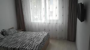 a bedroom with a zebra print bed and a window at Apartament City in Constanţa