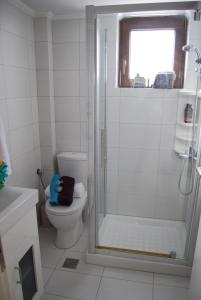 een witte badkamer met een douche en een toilet bij Myron Suite Old Town in Rethimnon
