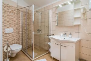 a bathroom with a shower and a toilet and a sink at Apartments Tara in Vrbnik +41 photos