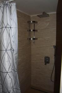 a bathroom with a shower with a shower curtain at Orchidea Apartman in Csopak