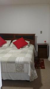 a bedroom with a large bed with red pillows at Departamento Alejandra in El Tabo