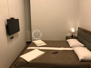 a small room with a bed and a flat screen tv at Aleon Hotel in Tbilisi City
