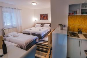 sypialnia z 2 łóżkami oraz kuchnia z biurkiem w obiekcie Villa Marija w mieście Trebinje