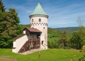 a white tower with a green roof on a field at Chata Lesanka in Jáchymov