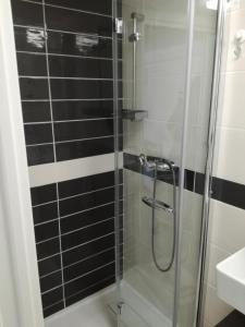 a glass shower in a bathroom with black and white tiles at Apartment Dvorska in Crikvenica