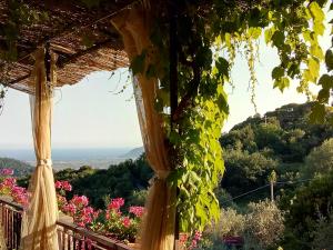 a view from the porch of a house with flowers at Casa Virgilio in Fosdinovo