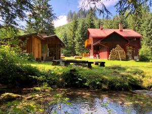a cabin with a picnic table next to a stream at Chata Pribisko 651 in Zuberec