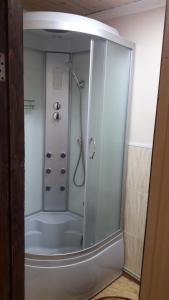 a shower with a glass door in a bathroom at U Romana in Yaremche
