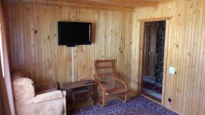 a room with a chair and a television on a wall at U Romana in Yaremche