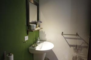 Baño verde con lavabo y espejo en Casa Virgilio, en Fosdinovo