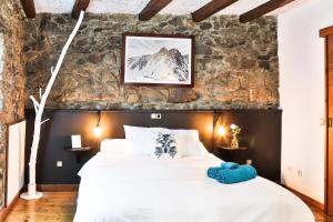 1 dormitorio con 1 cama grande y pared de piedra en Hostal Cisco de Sans, en Andorra la Vella
