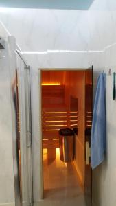 a bathroom with a walk in shower and a trash can at Park Puscha Sauna Deluxe Apartment & Terrace in Kyiv