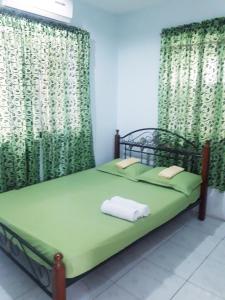 um quarto com uma cama verde com cortinas verdes em D downhill'Place em Oslob