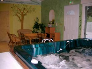 a bath tub filled with water in a living room at Norpech in Penne-dʼAgenais