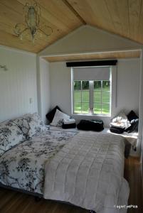 a bedroom with a large bed and a window at Palm Drive 'Cozy Cabins' in Kerikeri