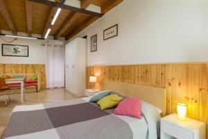 ヴェローナにあるLa Casa della Bouganvilleのベッドルーム1室(大型ベッド1台、カラフルな枕付)