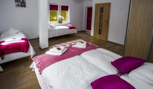 a bedroom with a large bed with purple pillows at Apartamenty Piaskowe Rowy in Rowy