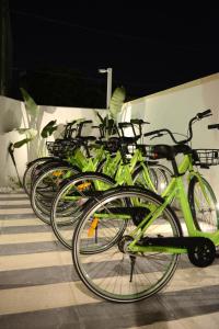 a row of green bikes parked next to a wall at Riva 33 in Porto Cesareo