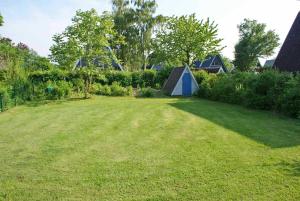 ein Hof mit einem kleinen Schuppen im Gras in der Unterkunft Zeltdachhaus mit WLan und Zaun in Damp