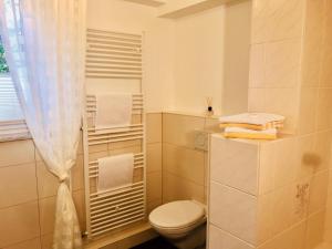 ein Badezimmer mit WC und Handtüchern auf einem Regal in der Unterkunft FeWo im Grünen mit Terrasse und Garten - gratis Therme in Bad Bevensen