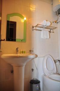 a bathroom with a sink, toilet and mirror at Hotel Lobelia in Addis Ababa