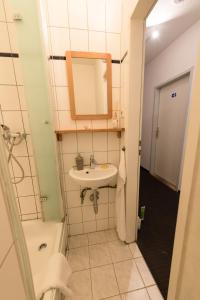 La petite salle de bains est pourvue d'un lavabo et d'un miroir. dans l'établissement BackpackerBerlin, à Berlin